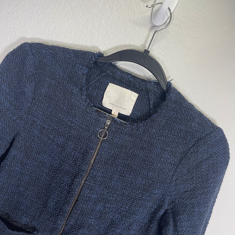 Rebecca Taylor Tweed Jacket Frayed‎ Edges Full Zip Blue Size 8
